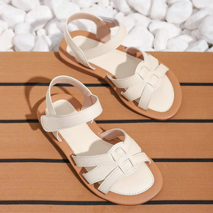 Sandales plates élégantes en cuir blanc à bout ouvert pour enfants, vente en gros, collection été - Product Image 1