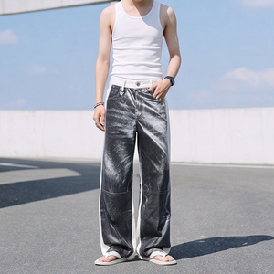 Pantalon en jean rétro de haute qualité, imprimé en 3D, color-block, coupe droite décontractée et élégante, jambe large - Product Image 2