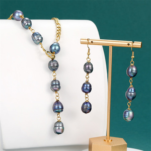 Pendiente de perla de agua dulce natural de acero inoxidable, cadena de perlas hechas a mano, perlas de color negro <span class=keywords><strong>tahitiano</strong></span>, joyería hawaiana al por mayor - Product Image 1