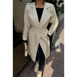 เสื้อโค้ทยาวผ้าหนังกลับสีน้ำตาลสไตล์มินิมอล แขนยาว ทอผ้ากันลม สำหรับผู้หญิง ฤดูใบไม้ร่วง - Product Image 4