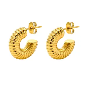 Wide C Shaped Chunky Jewelry 18K Gold Plated Punk Earrings Stainless Steel Hollow swirl marks Stud Earring for Girls