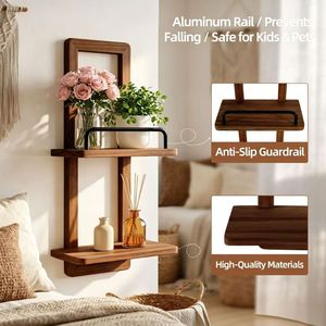 Wooden <b>Wall</b> <b>Mounted</b> <b>Shelves</b> 2 Tier With Aluminum Rail For Plants And Decor Storage - Product Image 1