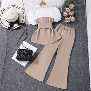 Vêtements d'été pour filles, nouveau haut à manches courtes bouffantes en patchwork + ensemble <span class=keywords><strong>pantalon</strong></span> décontracté à deux pièces - Product Image 5
