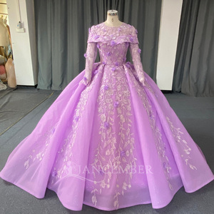 Lsany297 Gorgeous Purple Long Sleeve Folded Collar 3D Floral Leaf Applique Glitter Ball Gown <b>Quinceanera</b> <b>Dress</b> Jancember - Product Image 2