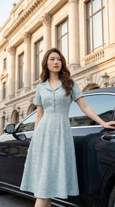 Vestido Midi Azul Claro para Mujer, Manga Corta, Elegante, para Oficina, con Cuello y Botones al Frente, Precio de Fábrica Personalizado, Venta al Por Mayor - Product Image 2