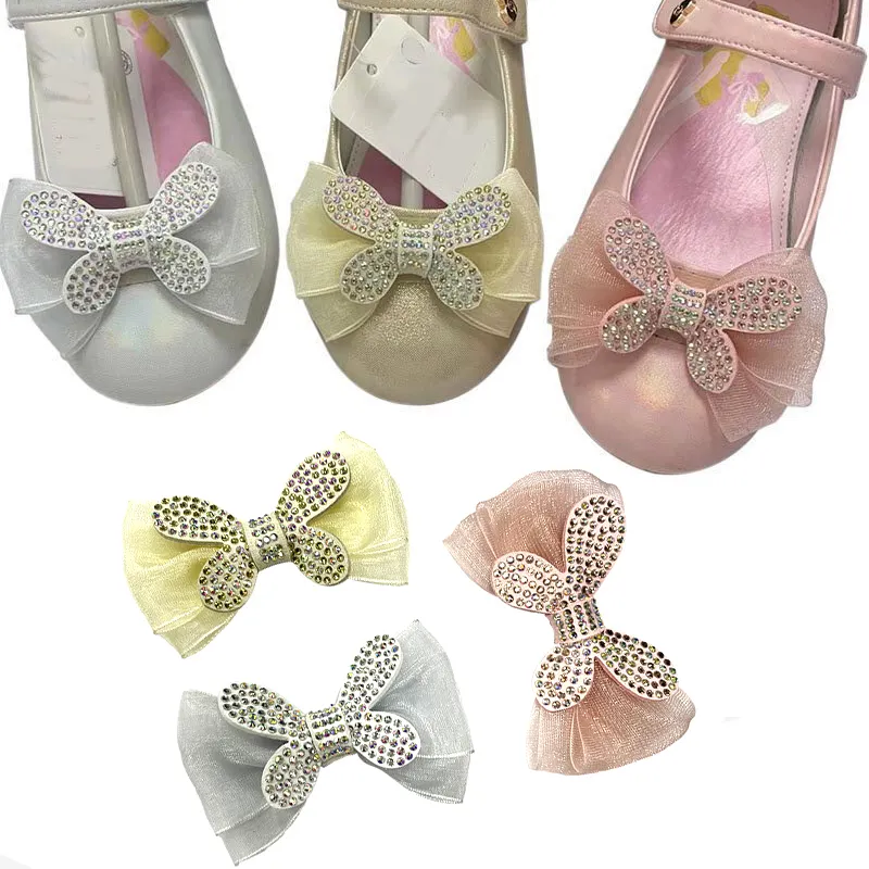 Glitter mikrofiber Organza pita dua lapisan berlian imitasi dasi kupu-kupu sepatu klip untuk putri anak perempuan sepatu sandal dekorasi bunga