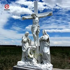 Patung Yesus salib marmer putih seni kerajinan luar ruangan salib agama slifixion Scupture