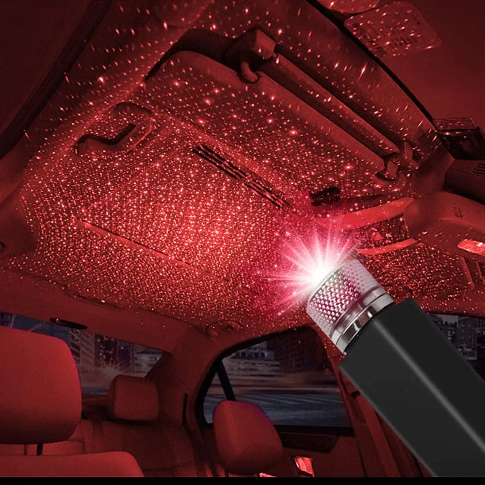 Lampu Dekorasi Atap Otomatis USB Portabel, Proyektor Bintang Pesta Lampu Malam Dapat Disesuaikan Romantis Merah Biru LED Lampu Mobil Interior
