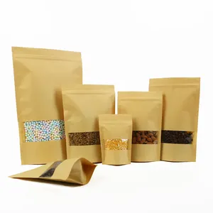 立式拉链棕色牛皮纸可重新密封拉链热封可储存食品包装包装袋带透明窗口