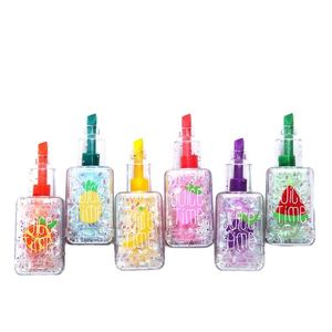 Lot de 6 stylos surligneurs promotionnels non effaçables, motif fruits à paillettes, 6 couleurs, taille mini, pointe de pinceau oblique - Product Image 1