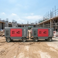Compresseur d'air à vis portable lubrifié diesel 650cfm 18 bars avec pompe et moteur, 4 roues, refroidissement par air, composants PLC