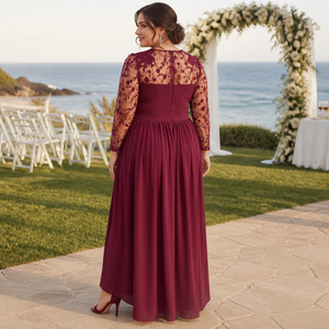 Abito da sera formale in chiffon taglie forti <span class=keywords><strong>con</strong></span> scollo a cuore, maniche lunghe in pizzo effetto illusione, applicazioni floreali in pizzo, vita arricciata e <span class=keywords><strong>spacco</strong></span> frontale - Product Image 2