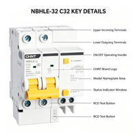 Disjoncteur différentiel CHINT NBHLE-40 C40A 1PN 2P AC RCBO Courbe C Cuivre PA66 220V/230V 6kA Certifié CE CB