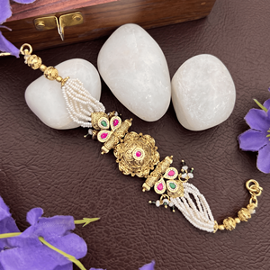Classic Brass Gold Plated Imitation Pearl Strand Floral <b>Charm</b> <b>Bracelet</b> Women Ethnic Temple Jewellery Designer Gift - Product Image 4
