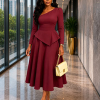 C8674 Robes d'automne pour femmes, vente chaude, décontractées et élégantes, col asymétrique, manches longues, volants asymétriques, robes de soirée, robe de bureau pour femme