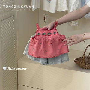 Tongxingyuan Girls' Embroidered Camisole Set Cherry Pattern Denim Shorts Summer Outfit Cotton Fabric Kids Clothing - Product Image 1