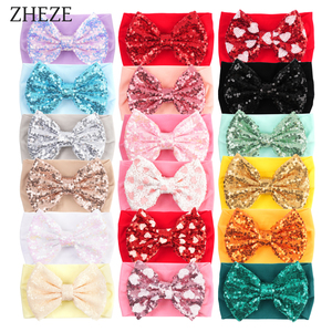 Bán Buôn Bé Cô Gái Tóc Phụ Kiện Đan Rộng Co Giãn Mềm Mại Nylon Shiny Sequins Bow Turban <span class=keywords><strong>Headband</strong></span> Cho Trẻ Sơ Sinh - Product Image 2