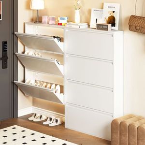 Modern White <b>Shoe</b> Rack With 3 Flip-Down <b>Shelves</b> Space Saving Entryway <b>Storage</b> Cabinet For Home Furniture Minimalist Design - Product Image 1
