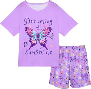 Pijamas para Niñas para niños, 2 uds., conjunto de pijamas de verano, Top de manga corta y pantalones cortos, ropa de dormir para chicas adolescentes de 7 a 14 años - Product Image 1