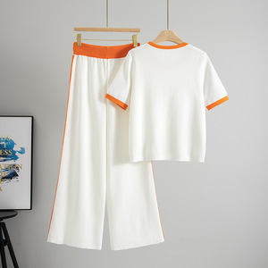 Completo Estivo Donna Nuova Collezione Transfrontaliera: Top <span class=keywords><strong>a</strong></span> Maniche Corte <span class=keywords><strong>a</strong></span> <span class=keywords><strong>Righe</strong></span> con Perline e <span class=keywords><strong>Pantaloni</strong></span> Larghi Casual <span class=keywords><strong>a</strong></span> Gamba Larga, Set Due Pezzi Trendy - Product Image 4