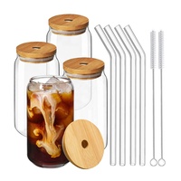Lot de 4 tasses modernes transparentes en verre borosilicate, forme boîte, avec couvercle en bambou et paille, durables et faites à la main, faible MOQ, vente en gros
