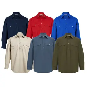 Custom Logo Half Button Front Heavy Cotton High Quality Bar Tacks On Pockets Work Shirt Casual Shirts For Men