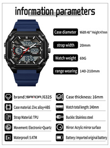 SANDA 6325 นาฬิกาข้อมืออิเล็กทรอนิกส์สำหรับผู้ชายแบบสี่หน้าต่าง นาฬิกาอเนกประสงค์พร้อมฟังก์ชั่นปลุกเรืองแสงกันน้ำ - Product Image 2