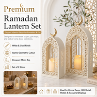 Ensemble de lanternes de Ramadan en gros, blanc et or, en métal, porte-bougie islamique pour la décoration de la maison et des hôtels, OEM