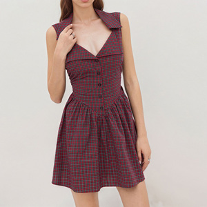 Custom Women's Summer Vintage <strong>Red</strong> <strong>Check</strong> French Sleeveless V-neck Cinched-waist Short <strong>Dress</strong> Manufacturer - Product Image 1