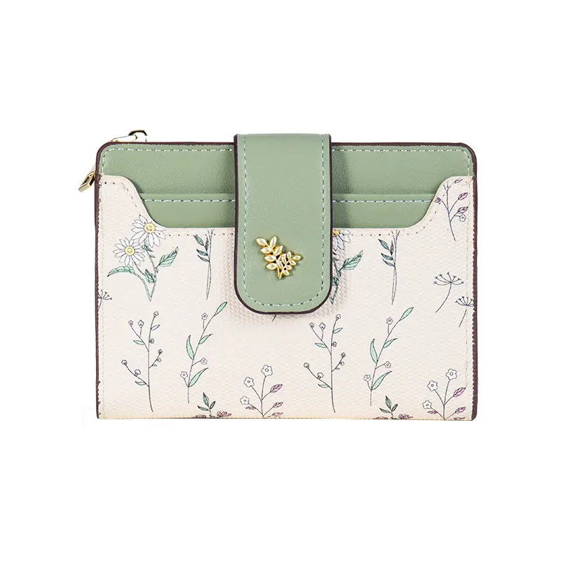 Dompet Kartu wanita, dompet pendek tempat kartu modis dengan lapisan PU motif dan dekorasi bunga
