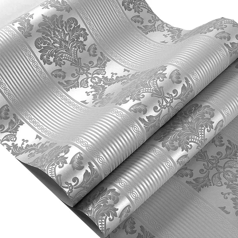 Sederhana Eropa 3D Garis-garis Vertikal Bunga Eropa Wallpaper Kamar Tidur Ruang Tamu TV Dinding Belakang Perak Abu-abu Wallpaper Non-Woven