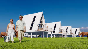 Maison de vacances de luxe modulaire préfabriquée au design traditionnel triangulaire en acier léger avec double vitrage et éléments en bois - Product Image 2