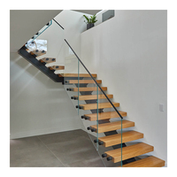 Escalier extérieur moderne en acier et bois à monopoutre / Escalier droit intérieur pour villa et appartement, en verre trempé et feuilleté