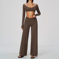 Nouvel Arrivage Tenue de Fitness Femme Coupe Slim, Haut Halter à Manches Longues avec Couche Intégrée, Effet Ventre Plat et Pantalon Large Effet Fesses Galbées, Vêtements de Yoga