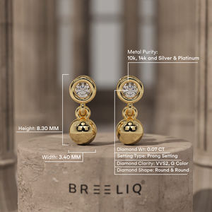 Boucles d'oreilles clous en or blanc 14 carats serties de diamants, avec pendentif boule polie, élégantes et minimalistes, diamant taille ronde - Product Image 6