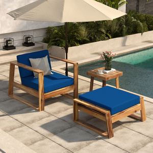 Acacia Wood Tufted Lounge Set-Chair and Ottoman with Removable <b>Cushions</b> All-Weather Chaise Lounge for Living Room - Product Image 4