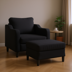 Fauteuil noir avec repose-pieds, fauteuil de salon contemporain en tissu, fauteuil de loisirs moderne, mobilier de maison moderne - Product Image 2