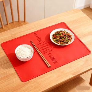 Silicone <b>Placemat</b> <b>Rectangle</b> Red Chinese Knot Pattern Heat Insulating Anti Slip Mat For Table Dining Bowl Plate Coaster - Product Image 1