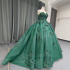 ANY254 Vestido de Noche Verde Esmeralda sin Tirantes con Bordado Floral - Product Image 2