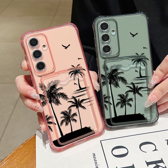 Palm Tree Anti Drop Phone Case for Samsung Galaxy S25 Plus Ultra A16 A56 Full Body Protection Card Holder
