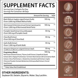 Complément alimentaire OEM 18 <span class=keywords><strong>en</strong></span> 1 <span class=keywords><strong>en</strong></span> <span class=keywords><strong>gélules</strong></span> molles d'armoise et de noix noires avec graines de citrouille, curcuma, <span class=keywords><strong>ail</strong></span>, oregano et berbérine - Product Image 2