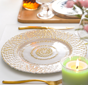 Sottopiatti Decorativi Dorati per Matrimoni, Piatti in Vetro con Perline Dorate e Motivi Floreali in Rilievo, Sottopiatti Dorati per <span class=keywords><strong>Cena</strong></span> - Product Image 5