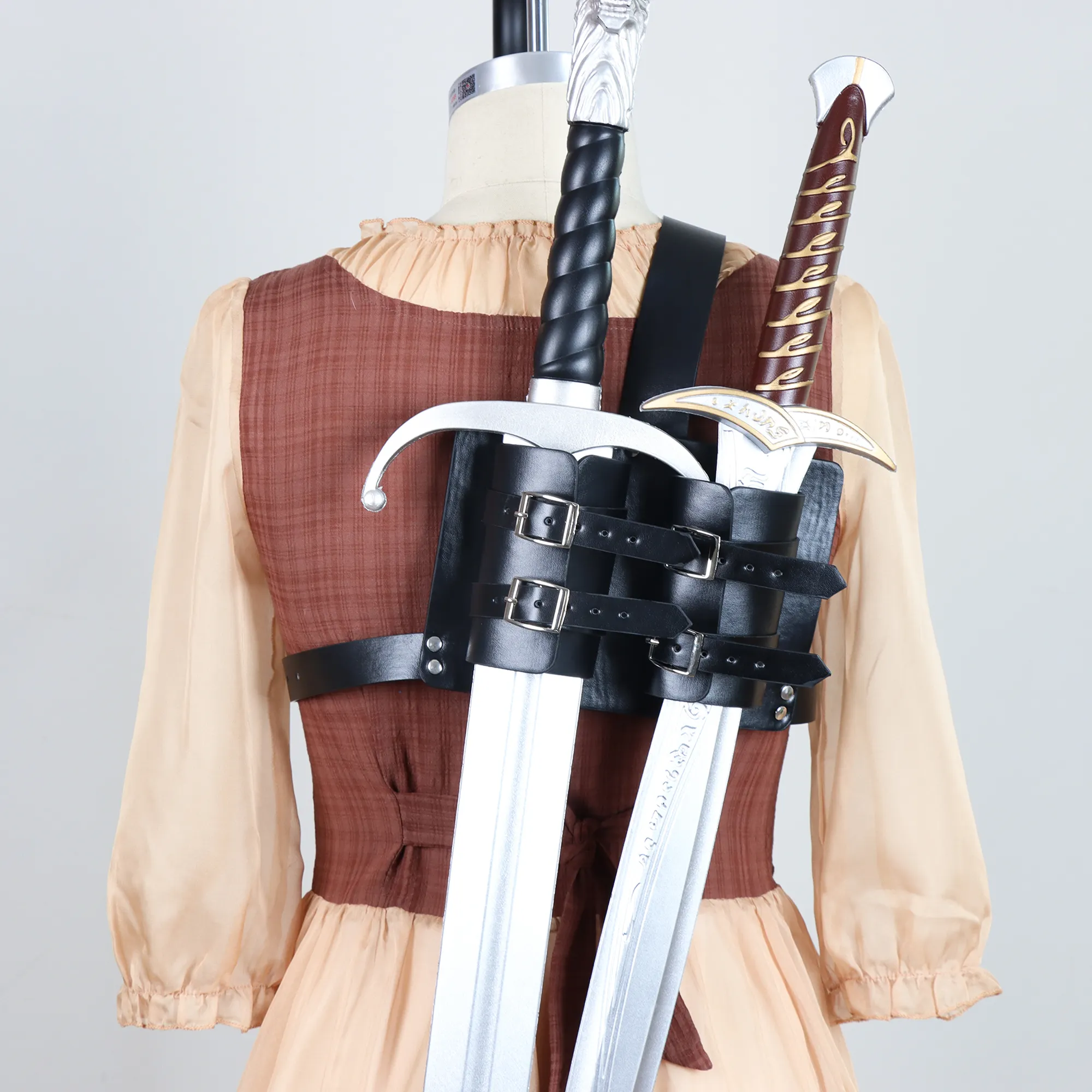 Retro Back Shoulder PU Belt Double Sword Holder Kit Scabbard Frog Medieval Costume Knight Sheath Knife Accessory