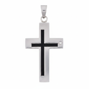 Ciondolo a Croce in Acciaio con Intarsio Nero e Accento di Diamante - Product Image 2