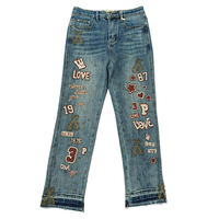 Celana Jeans Wanita Bordir Motif Bunga, Pinggang Sedang, Model Lurus, Bahan Denim Rajut, Dapat Dicuci, Custom Grosir dengan Logo