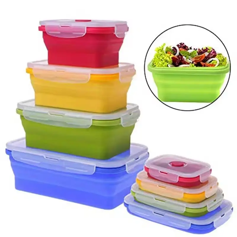 4 Piece Reusable lunch box Set Silicone food container Silicone Bento Box Collapsible Silicone Lunch Box With Plastic Lids