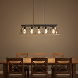 Lámpara Colgante Moderna de 5 Luces Estilo Industrial de Nogal con Diseño de Jaula Metálica Ajustable para Comedor - Product Image 2