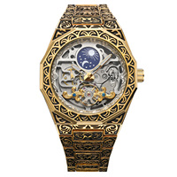 Montres mécaniques squelette à tourbillon Forsining FSG8299, phase lunaire, montre automatique dorée pour homme, bracelet en acier inoxydable gravé