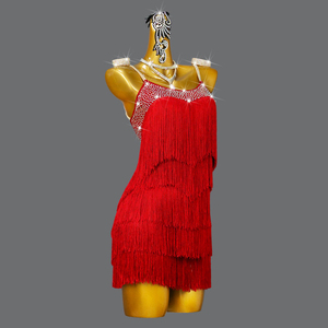 Costume de <span class=keywords><strong>danse</strong></span> latine en spandex à franges, robe de compétition de <span class=keywords><strong>danse</strong></span> de salon professionnelle avec strass - Product Image 2