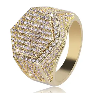 Nhẫn Kim Cương Vàng Hip Hop Cho Nam, Nhẫn Hình Lục Giác Thời Trang Mạ Vàng Đính Đá Micro Pave Cubic Zircon Quyến Rũ